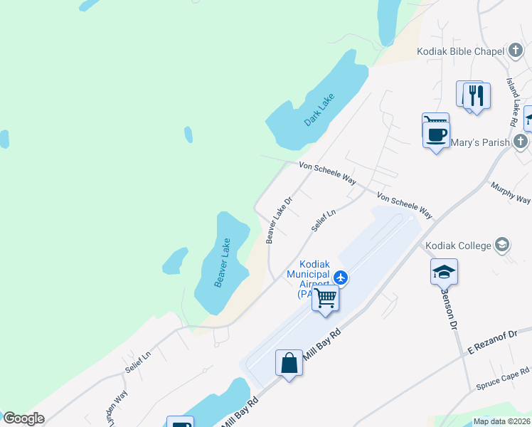 map of restaurants, bars, coffee shops, grocery stores, and more near 2215 Beaver Lake Drive in Kodiak