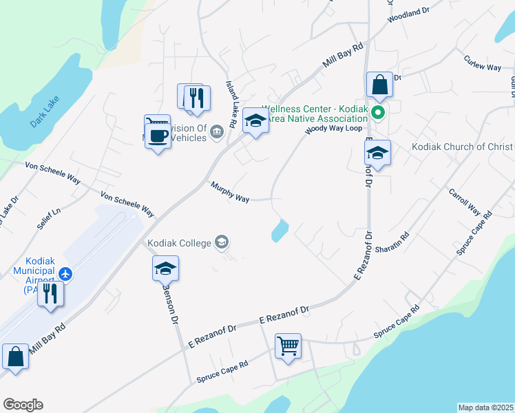 map of restaurants, bars, coffee shops, grocery stores, and more near 215 Murphy Way in Kodiak