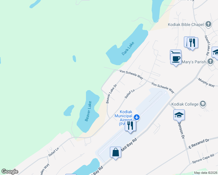 map of restaurants, bars, coffee shops, grocery stores, and more near 2215 Beaver Lake Drive in Kodiak