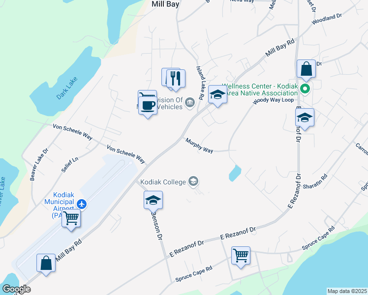 map of restaurants, bars, coffee shops, grocery stores, and more near 2705 Mill Bay Road in Kodiak