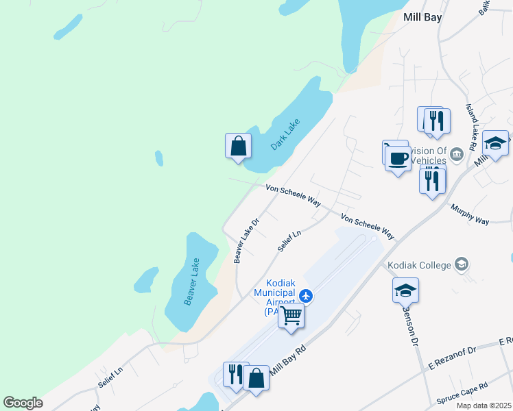 map of restaurants, bars, coffee shops, grocery stores, and more near 2355 Beaver Lake Drive in Kodiak