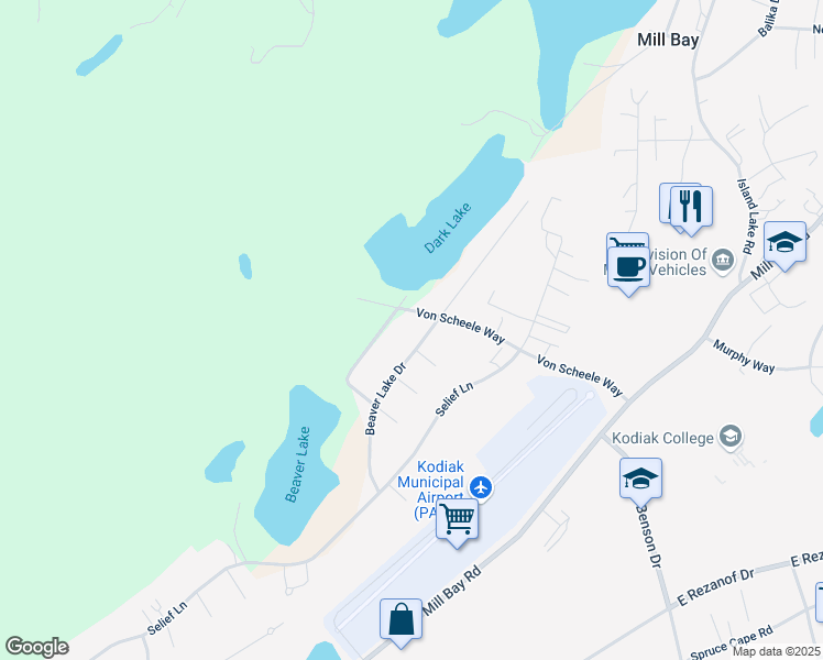 map of restaurants, bars, coffee shops, grocery stores, and more near 2355 Beaver Lake Drive in Kodiak