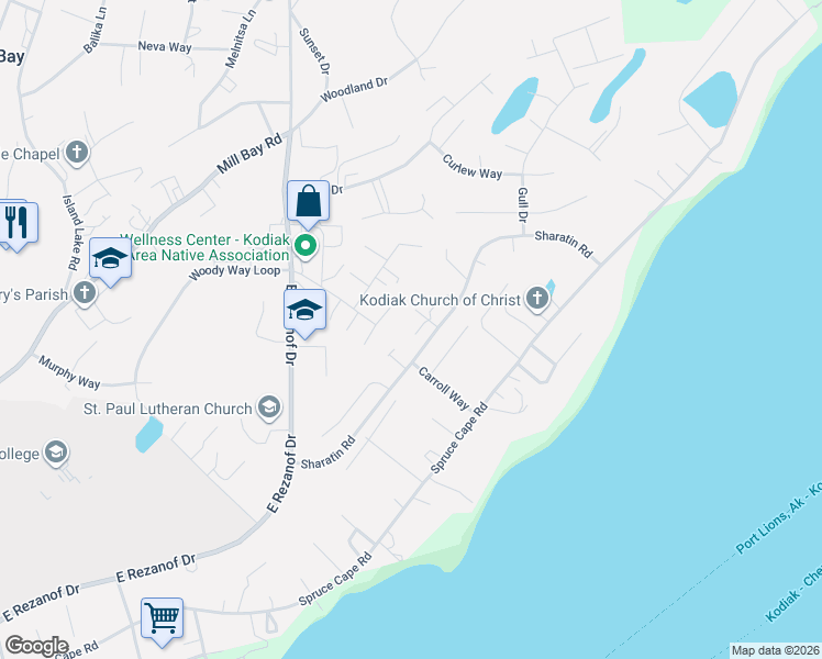map of restaurants, bars, coffee shops, grocery stores, and more near 3333 Sharatin Road in Kodiak