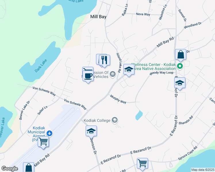 map of restaurants, bars, coffee shops, grocery stores, and more near 2705 Mill Bay Road in Kodiak