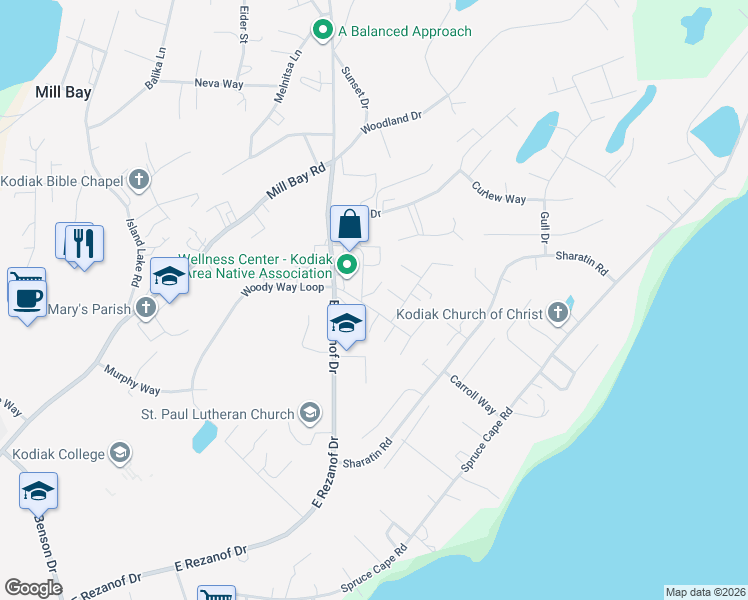 map of restaurants, bars, coffee shops, grocery stores, and more near 3385 Tugidak Drive in Kodiak