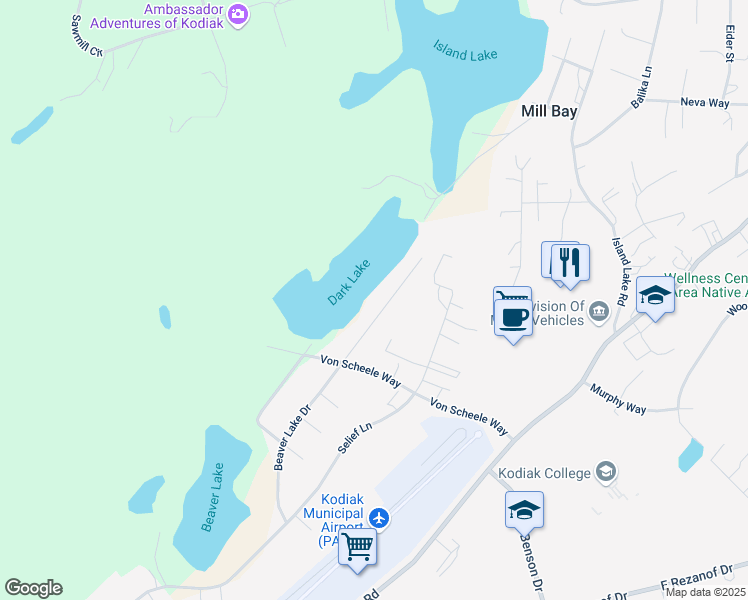 map of restaurants, bars, coffee shops, grocery stores, and more near 2541 Beaver Lake Drive in Kodiak
