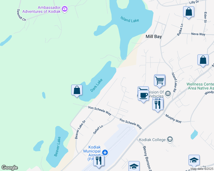 map of restaurants, bars, coffee shops, grocery stores, and more near 2541 Beaver Lake Drive in Kodiak