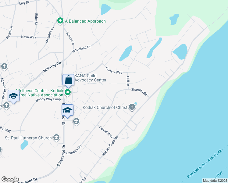 map of restaurants, bars, coffee shops, grocery stores, and more near 3565 Sharatin Road in Kodiak