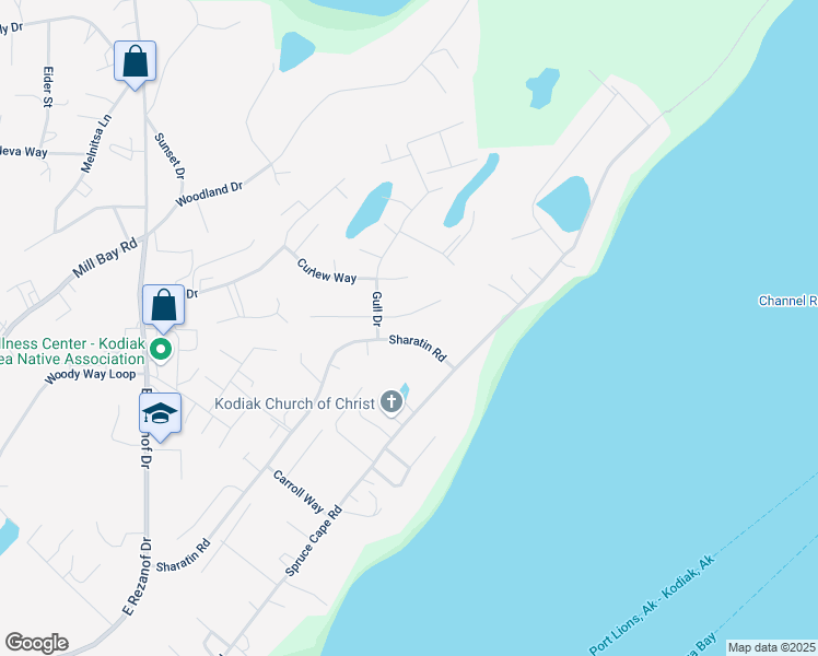 map of restaurants, bars, coffee shops, grocery stores, and more near 425 Teal Way in Kodiak