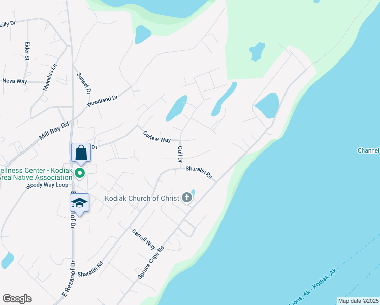map of restaurants, bars, coffee shops, grocery stores, and more near 425 Teal Way in Kodiak