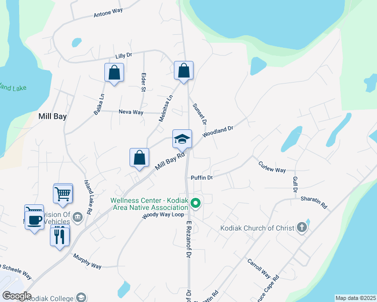 map of restaurants, bars, coffee shops, grocery stores, and more near 3399 Mill Bay Road in Kodiak