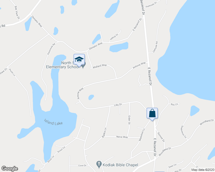 map of restaurants, bars, coffee shops, grocery stores, and more near 3438 Antone Way in Kodiak