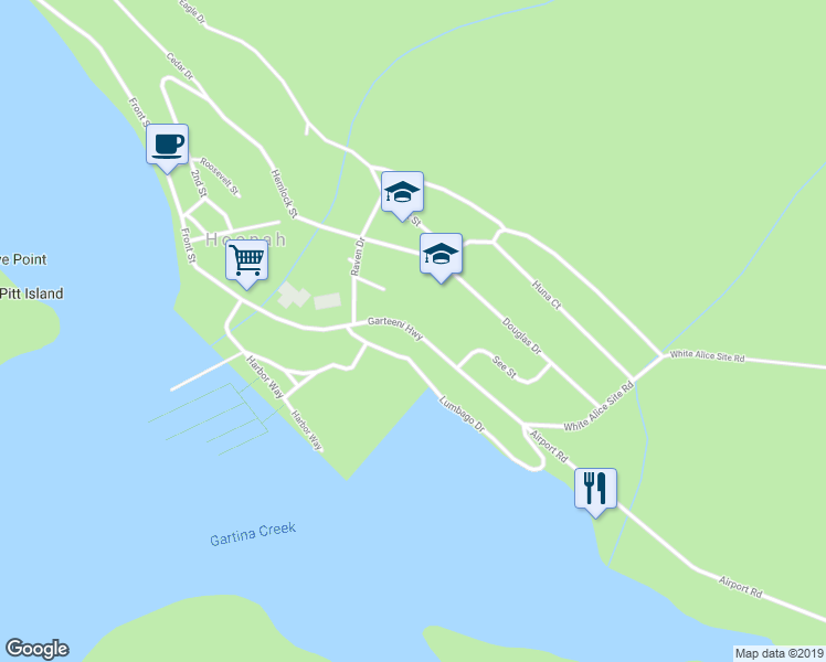 map of restaurants, bars, coffee shops, grocery stores, and more near 534-546 Garteeni Hwy in Hoonah