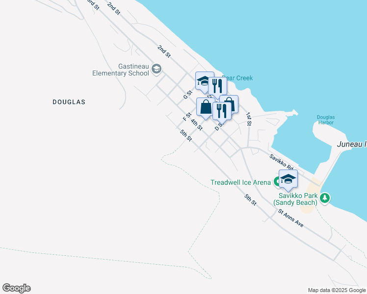 map of restaurants, bars, coffee shops, grocery stores, and more near Treadwell Ditch Trail in Juneau