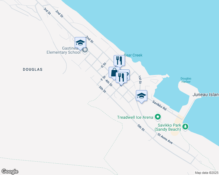 map of restaurants, bars, coffee shops, grocery stores, and more near 406-412 E Street in Juneau