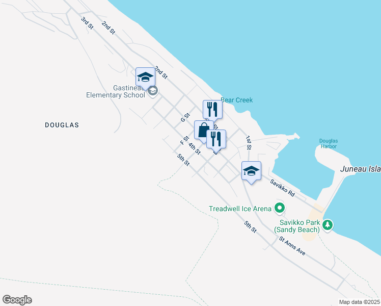map of restaurants, bars, coffee shops, grocery stores, and more near 406 E Street in Juneau