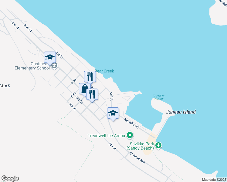 map of restaurants, bars, coffee shops, grocery stores, and more near 926 1st St in Juneau