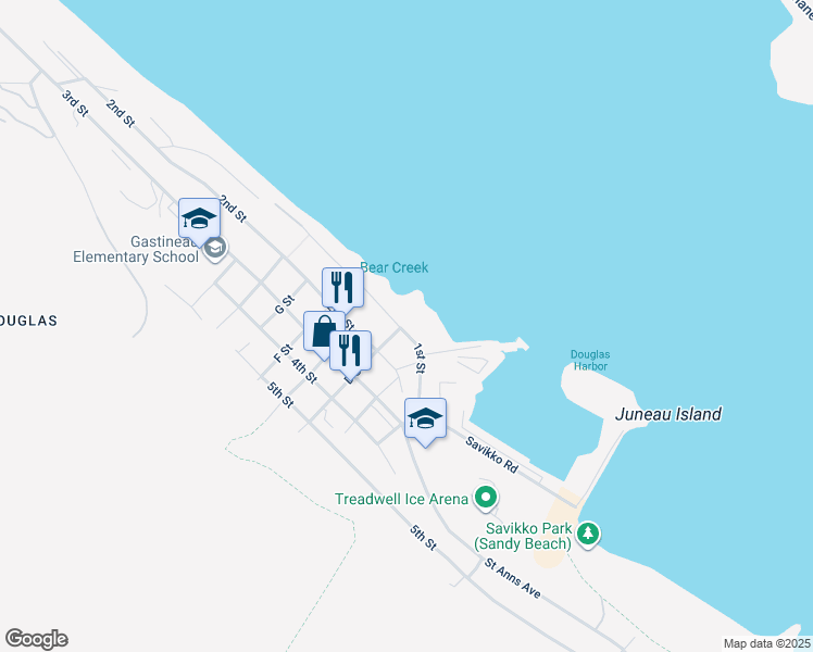 map of restaurants, bars, coffee shops, grocery stores, and more near 926 1st Street in Juneau
