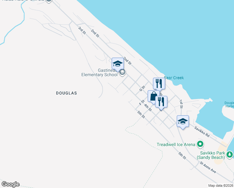 map of restaurants, bars, coffee shops, grocery stores, and more near 1407 5th Street in Juneau