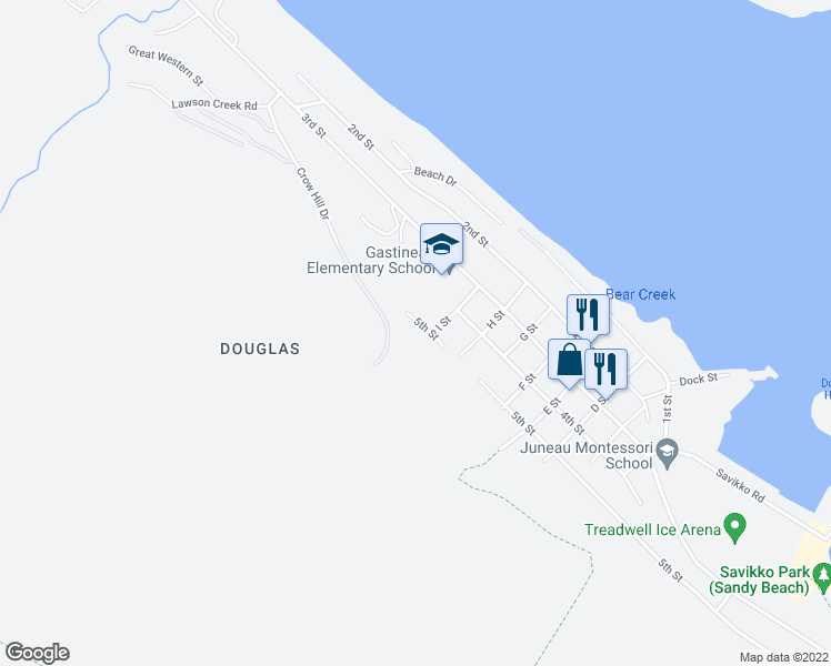 map of restaurants, bars, coffee shops, grocery stores, and more near 1501 5th Street in Juneau