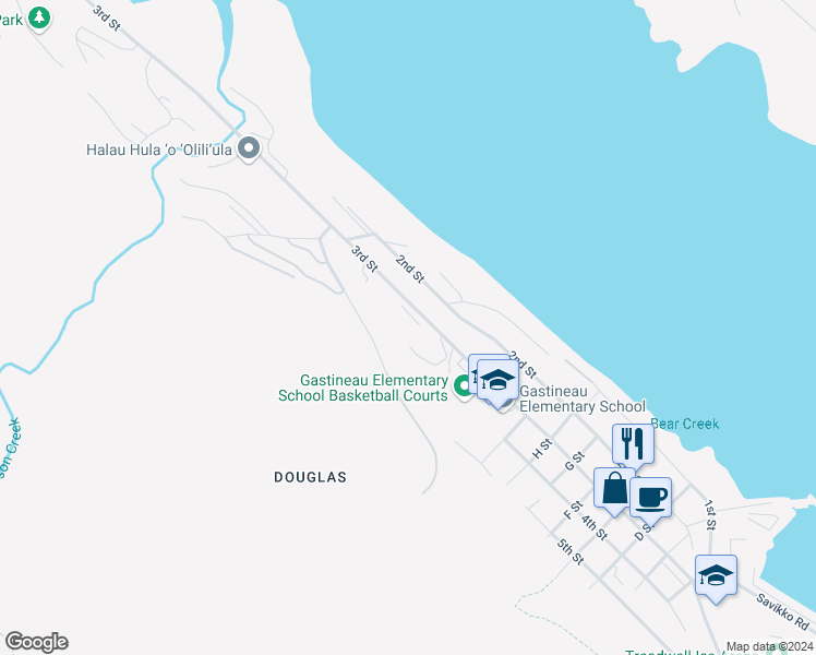 map of restaurants, bars, coffee shops, grocery stores, and more near 1717 Douglas Highway in Juneau