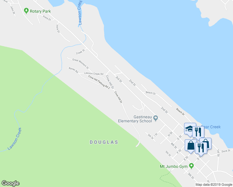 map of restaurants, bars, coffee shops, grocery stores, and more near 2151 Crow Hill Drive in Juneau