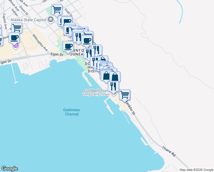 map of restaurants, bars, coffee shops, grocery stores, and more near 432 South Franklin Street in Juneau