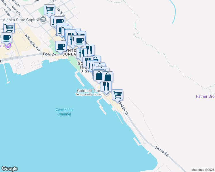 map of restaurants, bars, coffee shops, grocery stores, and more near 465 South Franklin Street in Juneau