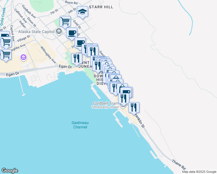 map of restaurants, bars, coffee shops, grocery stores, and more near 320 South Franklin Street in Juneau