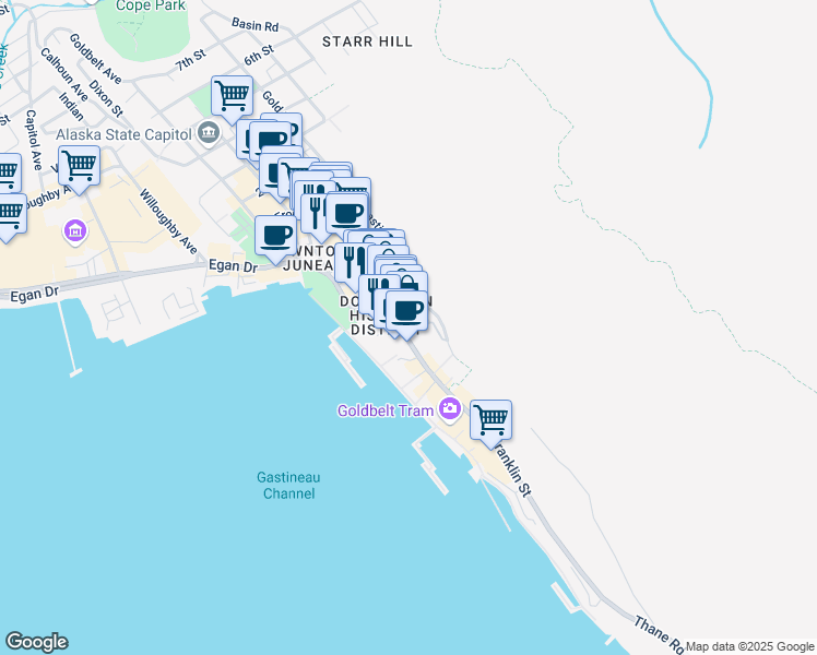map of restaurants, bars, coffee shops, grocery stores, and more near 289 South Franklin Street in Juneau