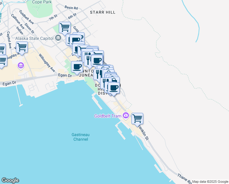 map of restaurants, bars, coffee shops, grocery stores, and more near 289 South Franklin Street in Juneau