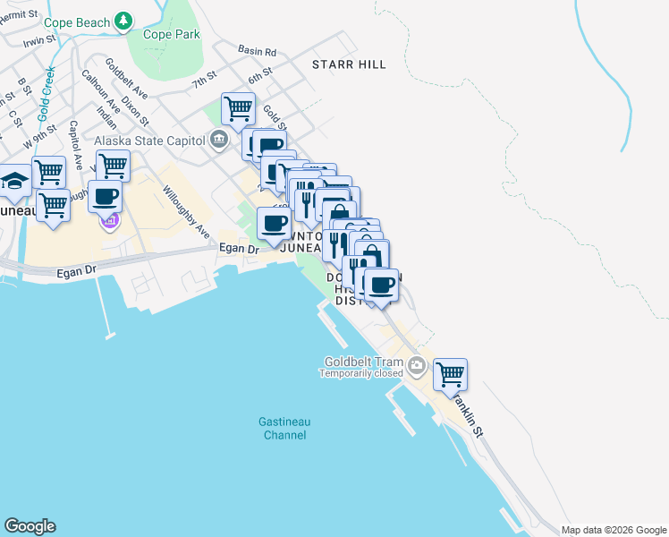 map of restaurants, bars, coffee shops, grocery stores, and more near 263 Marine Way in Juneau