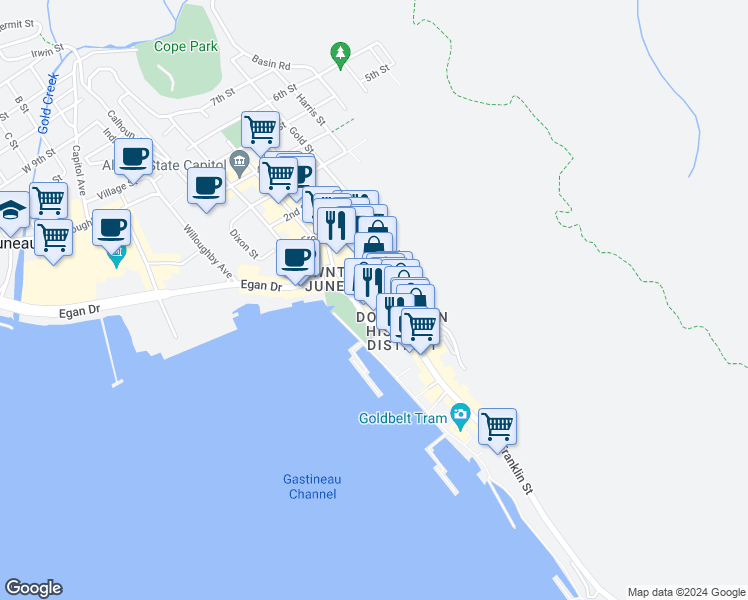 map of restaurants, bars, coffee shops, grocery stores, and more near 210 Admiral Way in Juneau