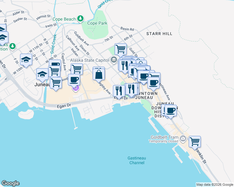 map of restaurants, bars, coffee shops, grocery stores, and more near 51 Egan Drive in Juneau