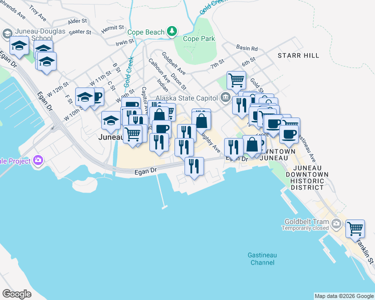 map of restaurants, bars, coffee shops, grocery stores, and more near 350 Whittier Street in Juneau