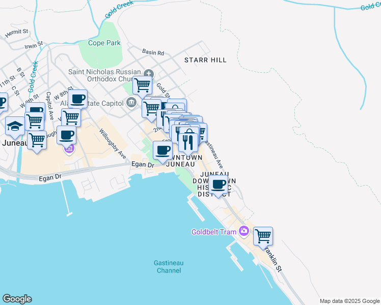 map of restaurants, bars, coffee shops, grocery stores, and more near 174 South Franklin Street in Juneau
