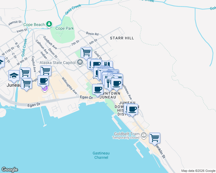 map of restaurants, bars, coffee shops, grocery stores, and more near 264 Front Street in Juneau