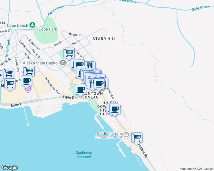 map of restaurants, bars, coffee shops, grocery stores, and more near 187 Gastineau Avenue in Juneau