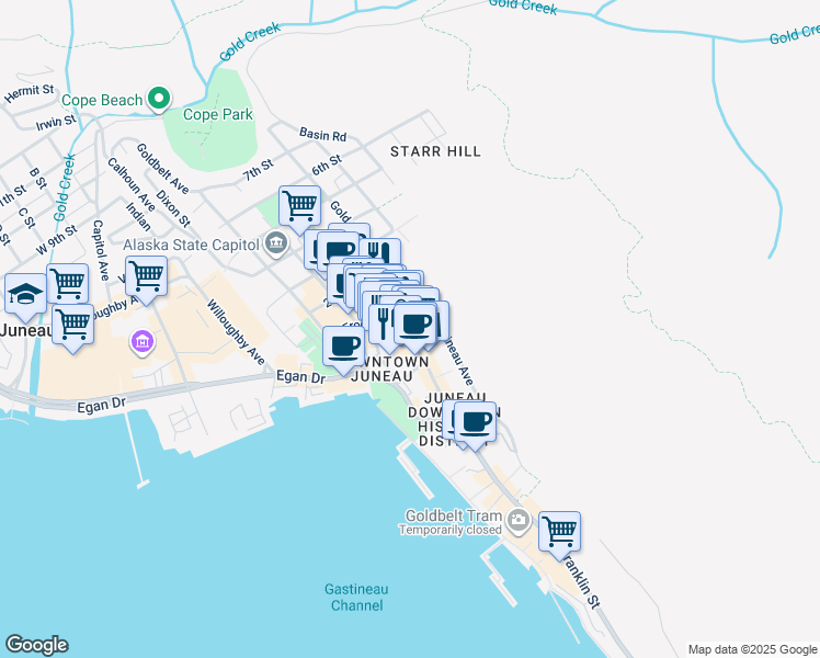 map of restaurants, bars, coffee shops, grocery stores, and more near 108 Gastineau Avenue in Juneau