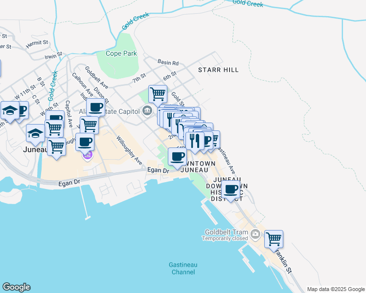 map of restaurants, bars, coffee shops, grocery stores, and more near 213 Front Street in Juneau