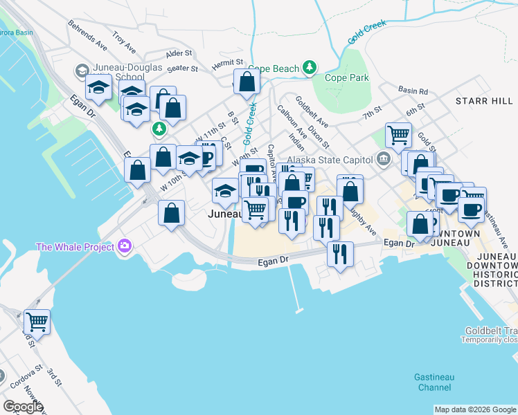 map of restaurants, bars, coffee shops, grocery stores, and more near 611 West Willoughby Avenue in Juneau