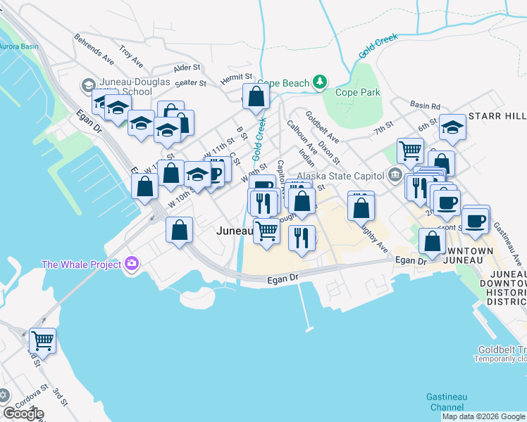 map of restaurants, bars, coffee shops, grocery stores, and more near 625 West 7th Street in Juneau
