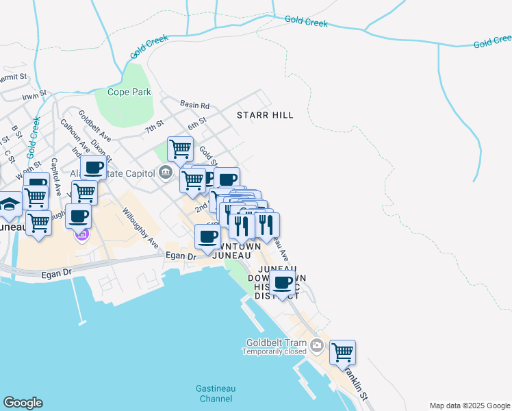 map of restaurants, bars, coffee shops, grocery stores, and more near 108-150 Gastineau Avenue in Juneau