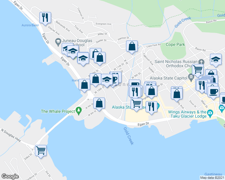 map of restaurants, bars, coffee shops, grocery stores, and more near in Juneau
