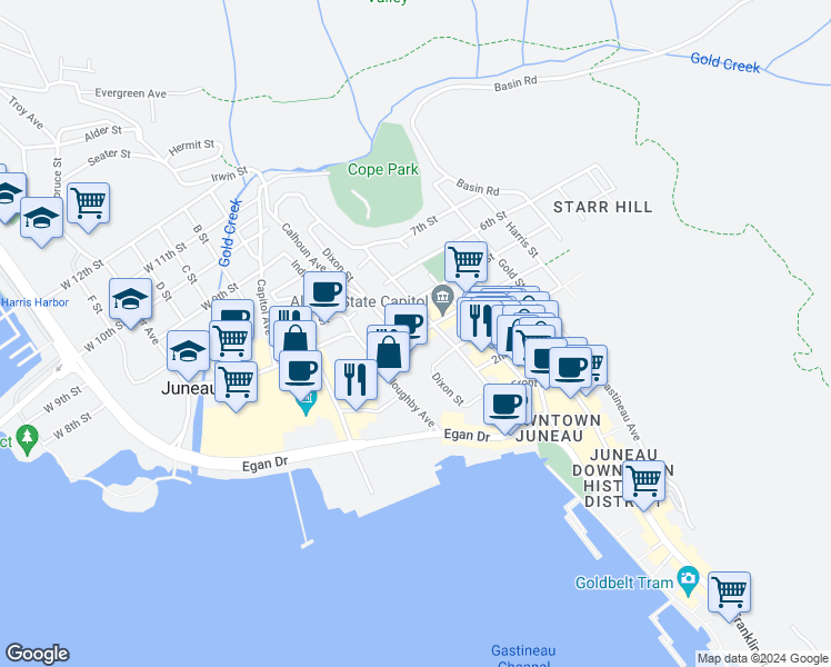 map of restaurants, bars, coffee shops, grocery stores, and more near 113 5th Street Stairs in Juneau