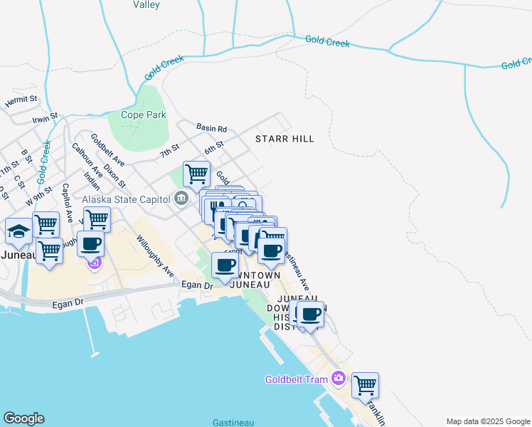 map of restaurants, bars, coffee shops, grocery stores, and more near 215 Gold Street in Juneau