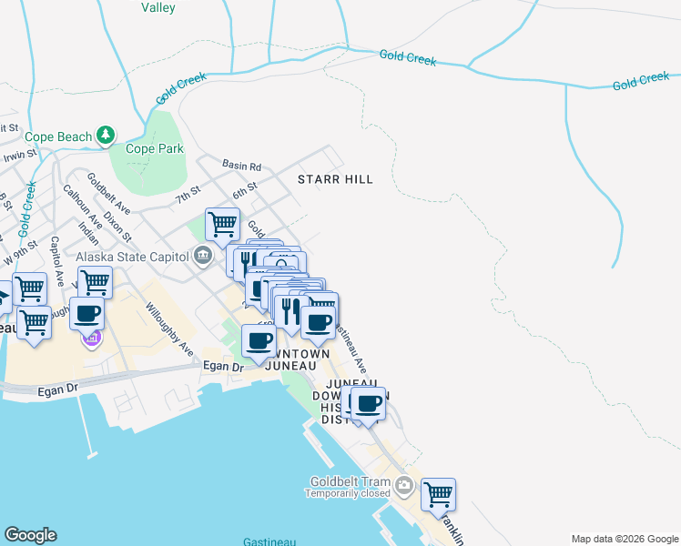map of restaurants, bars, coffee shops, grocery stores, and more near 432 First Street in Juneau