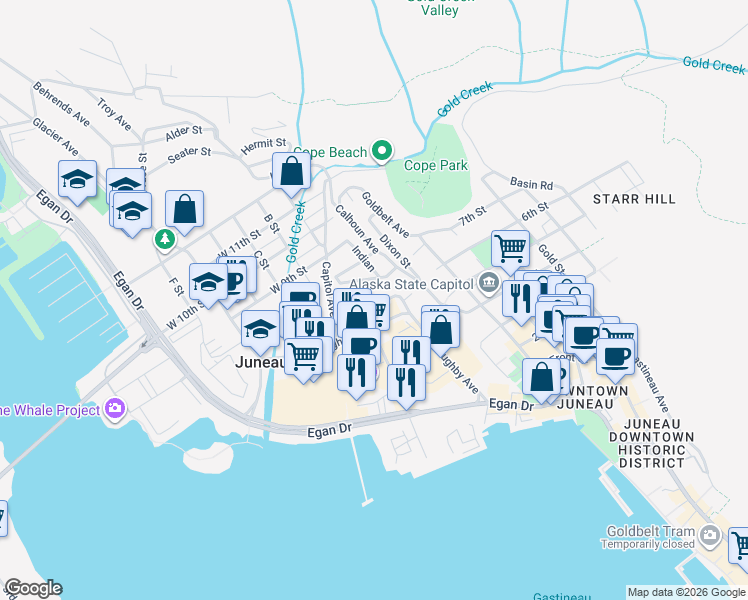 map of restaurants, bars, coffee shops, grocery stores, and more near 324 Village St in Juneau