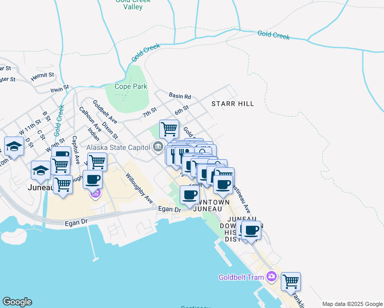 map of restaurants, bars, coffee shops, grocery stores, and more near 301 3rd Street in Juneau