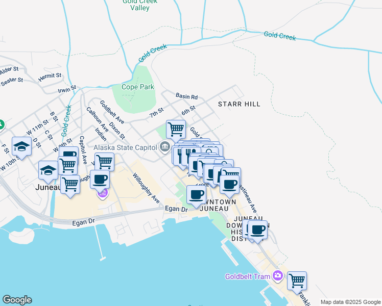 map of restaurants, bars, coffee shops, grocery stores, and more near 301 3rd Street in Juneau
